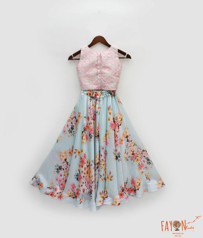Pink Crop Top with Printed Plazo for Girls