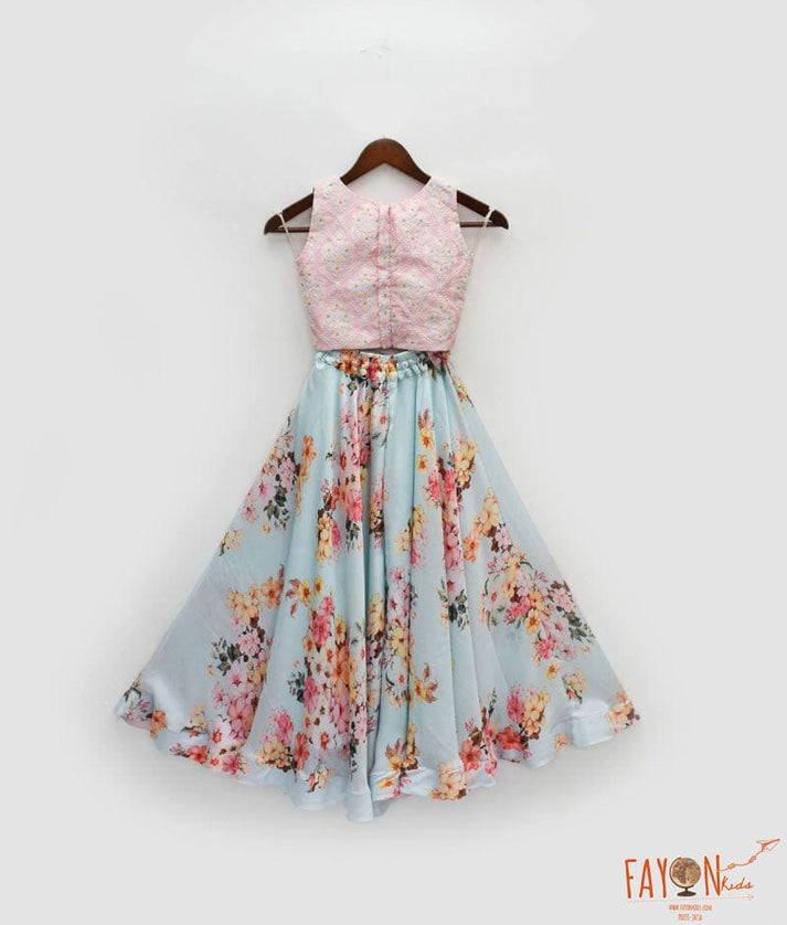 Pink Crop Top with Printed Plazo for Girls