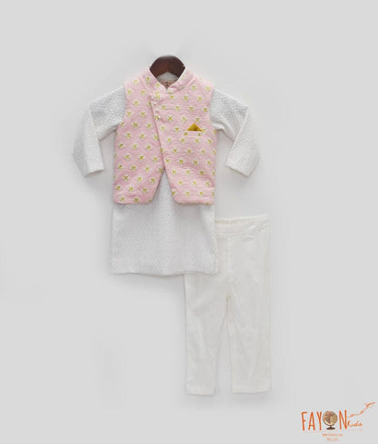 Manufactured by FAYON KIDS (Noida, U.P) Pink Embroidered Jacket with Kurta and Pant for Boys