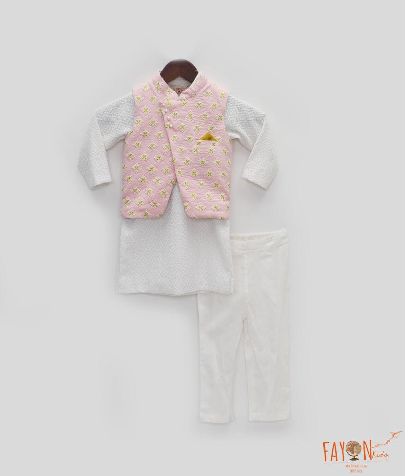 Manufactured by FAYON KIDS (Noida, U.P) Pink Embroidered Jacket with Kurta and Pant for Boys