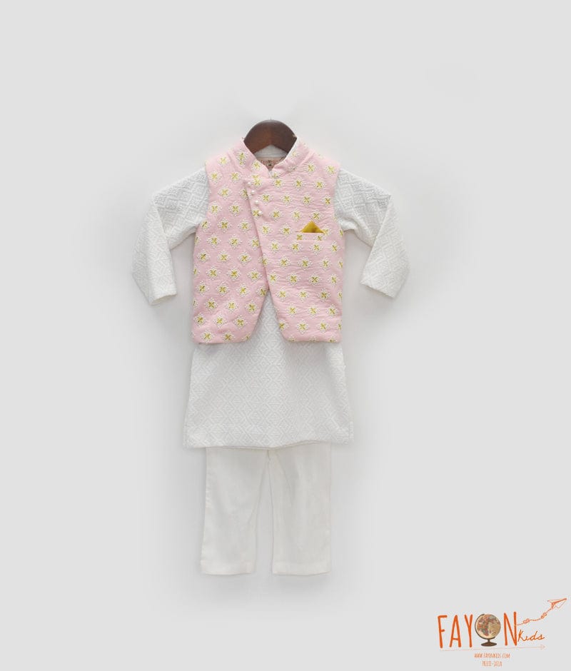 Manufactured by FAYON KIDS (Noida, U.P) Pink Embroidered Jacket with Kurta and Pant for Boys