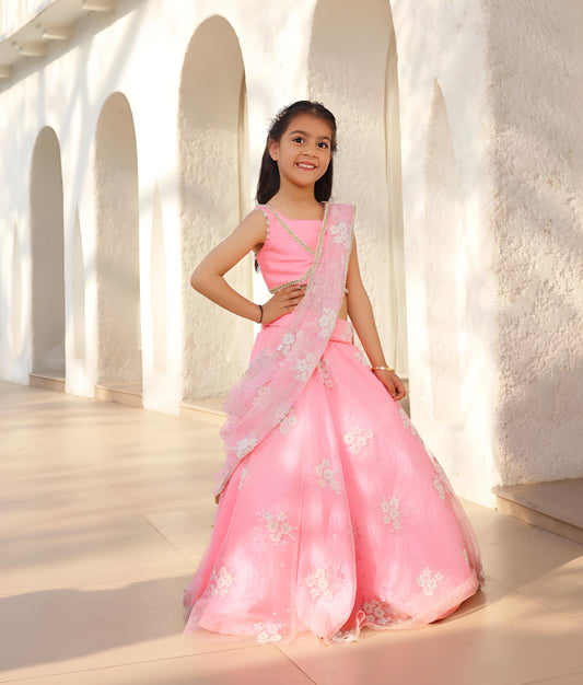 Manufactured by FAYON KIDS (Noida, U.P) Pink Embroidered Lehenga Saree
