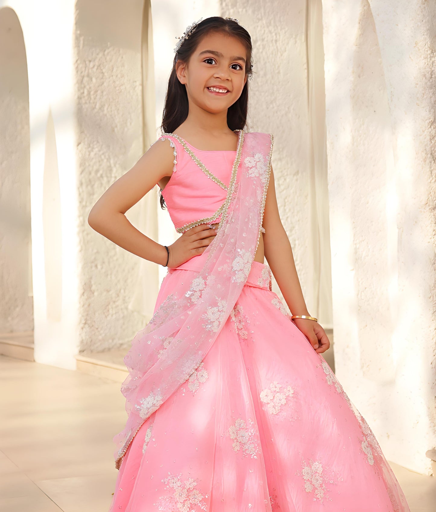 Manufactured by FAYON KIDS (Noida, U.P) Pink Embroidered Lehenga Saree