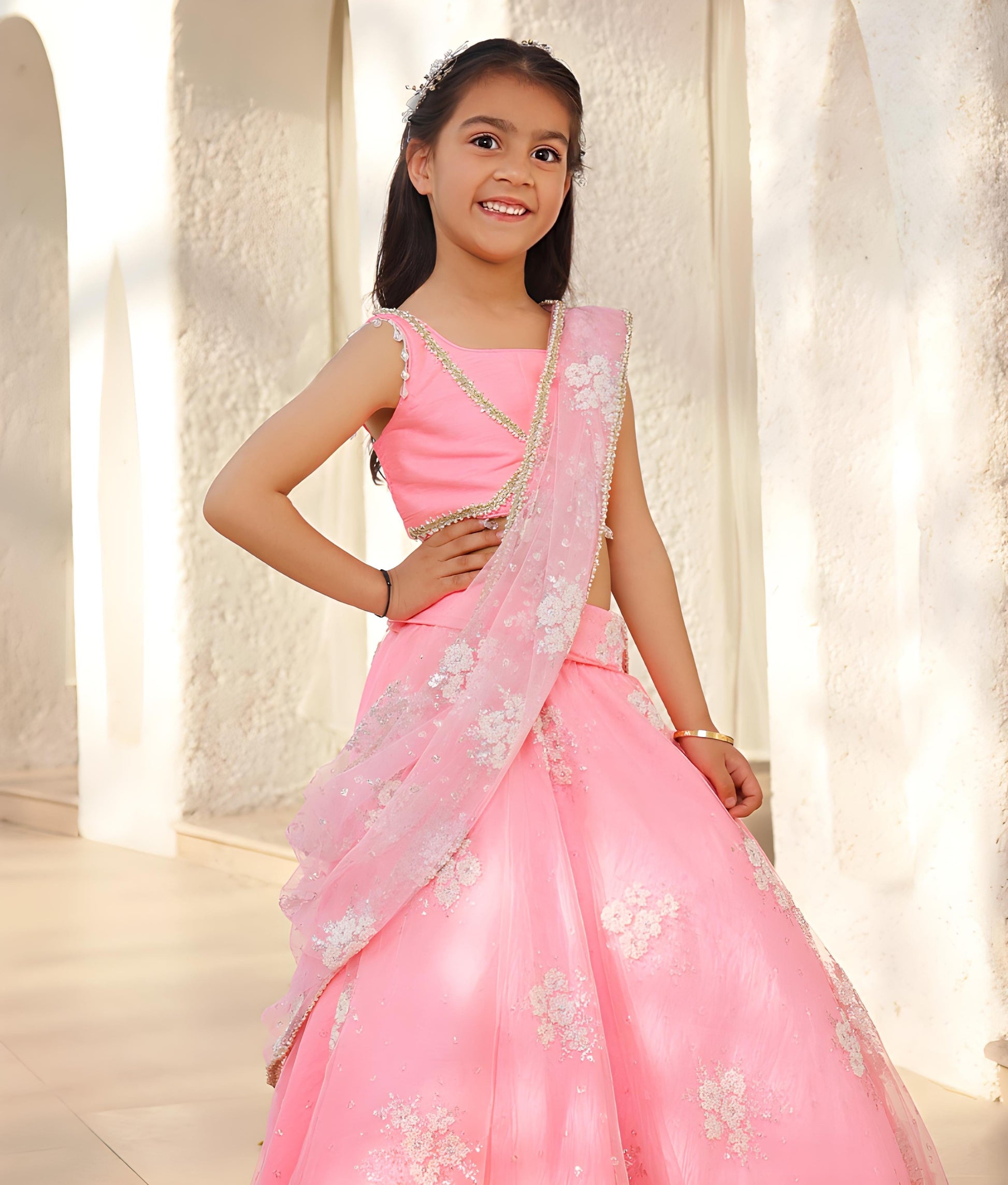 Manufactured by FAYON KIDS (Noida, U.P) Pink Embroidered Lehenga Saree