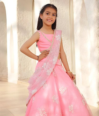 Manufactured by FAYON KIDS (Noida, U.P) Pink Embroidered Lehenga Saree