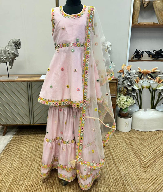 Pink Embroidered Net Kurti Sharara