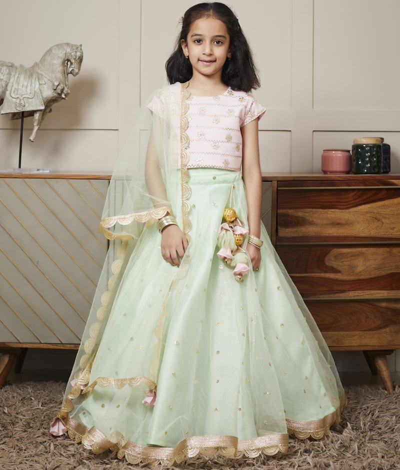 Manufactured by FAYON KIDS (Noida, U.P) Pink Embroidery Choli and Green Net Lehenga Dupatta Set For Girls