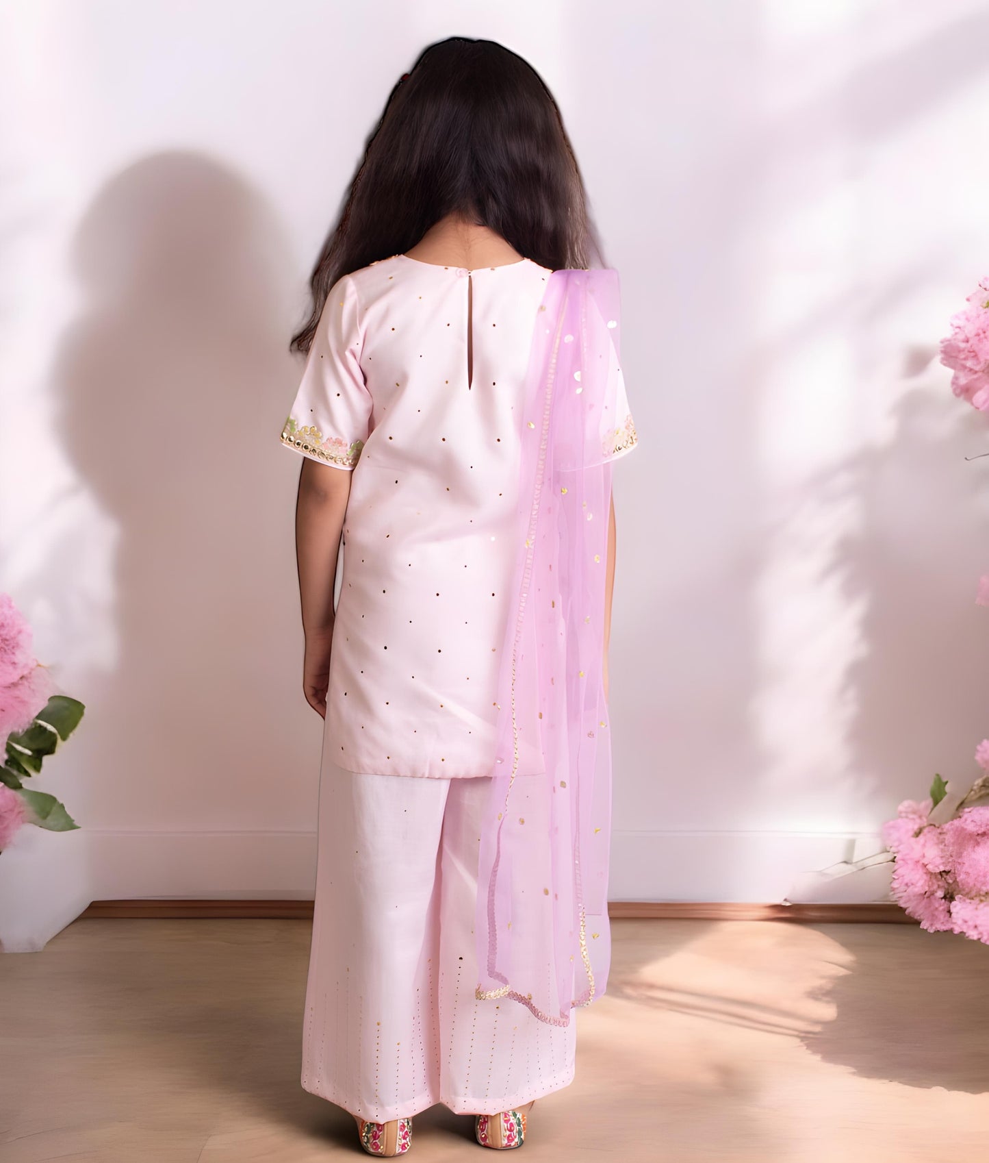 Manufactured by FAYON KIDS (Noida, U.P) Pink Faux Mukaish Work Kurti Sharara Set