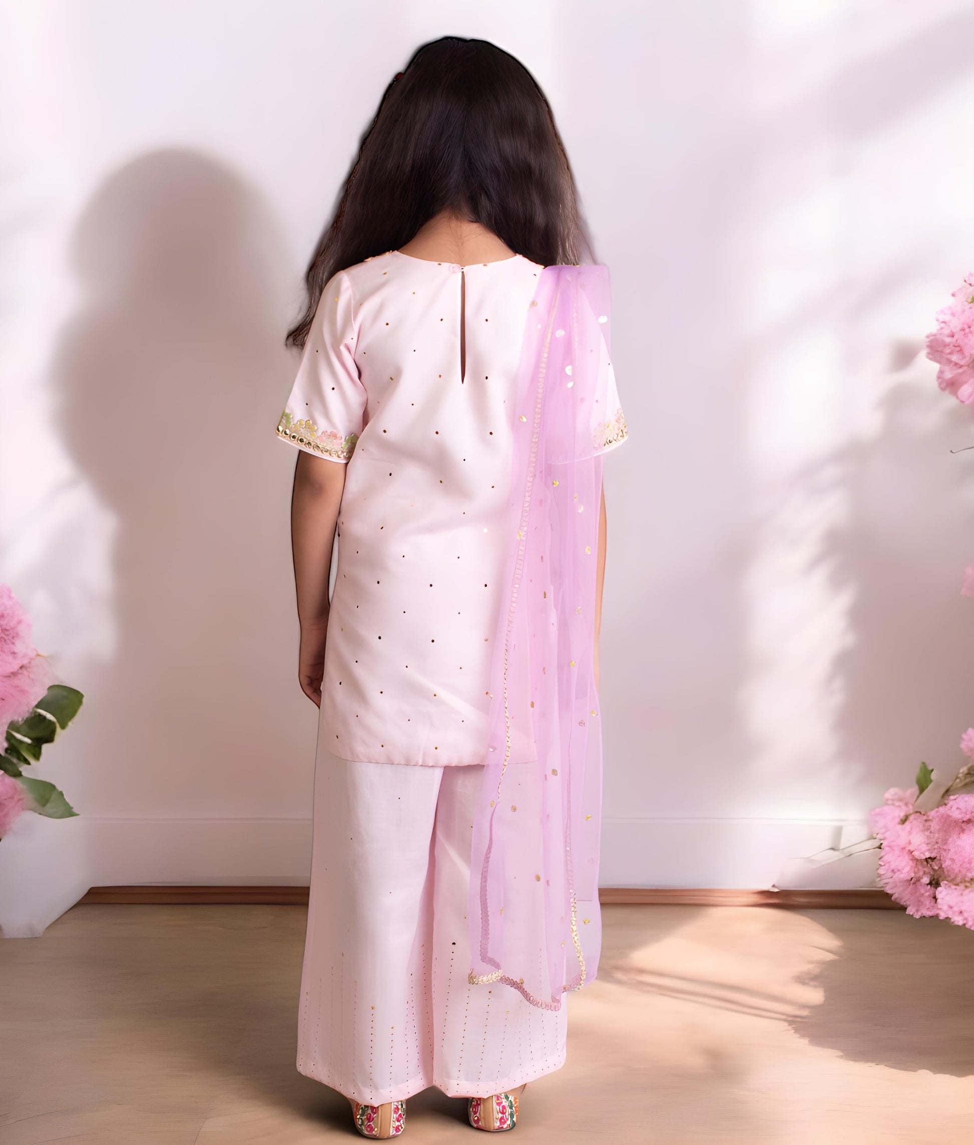 Manufactured by FAYON KIDS (Noida, U.P) Pink Faux Mukaish Work Kurti Sharara Set
