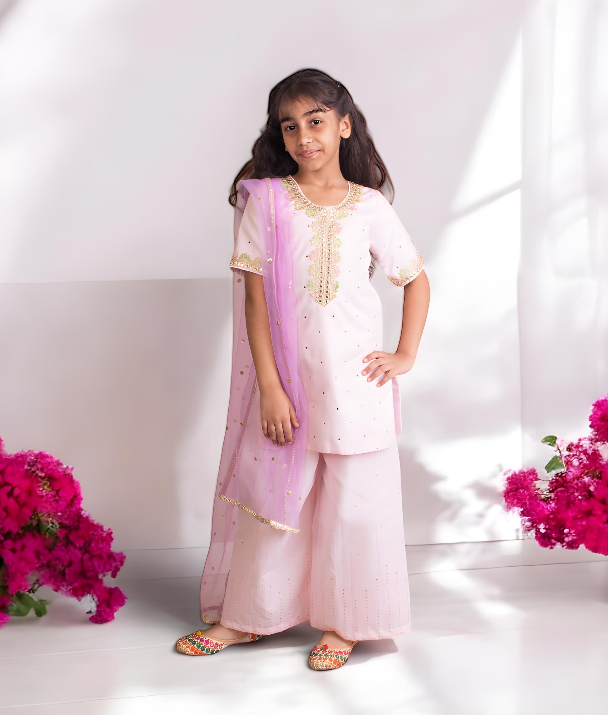 Manufactured by FAYON KIDS (Noida, U.P) Pink Faux Mukaish Work Kurti Sharara Set