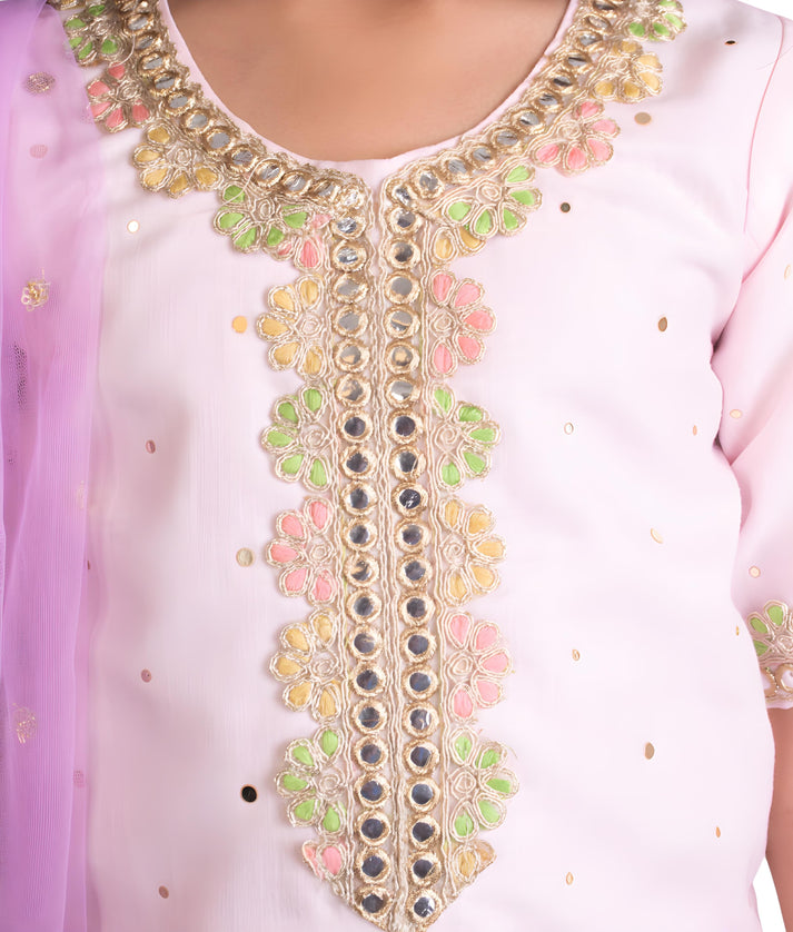 Manufactured by FAYON KIDS (Noida, U.P) Pink Faux Mukaish Work Kurti Sharara Set