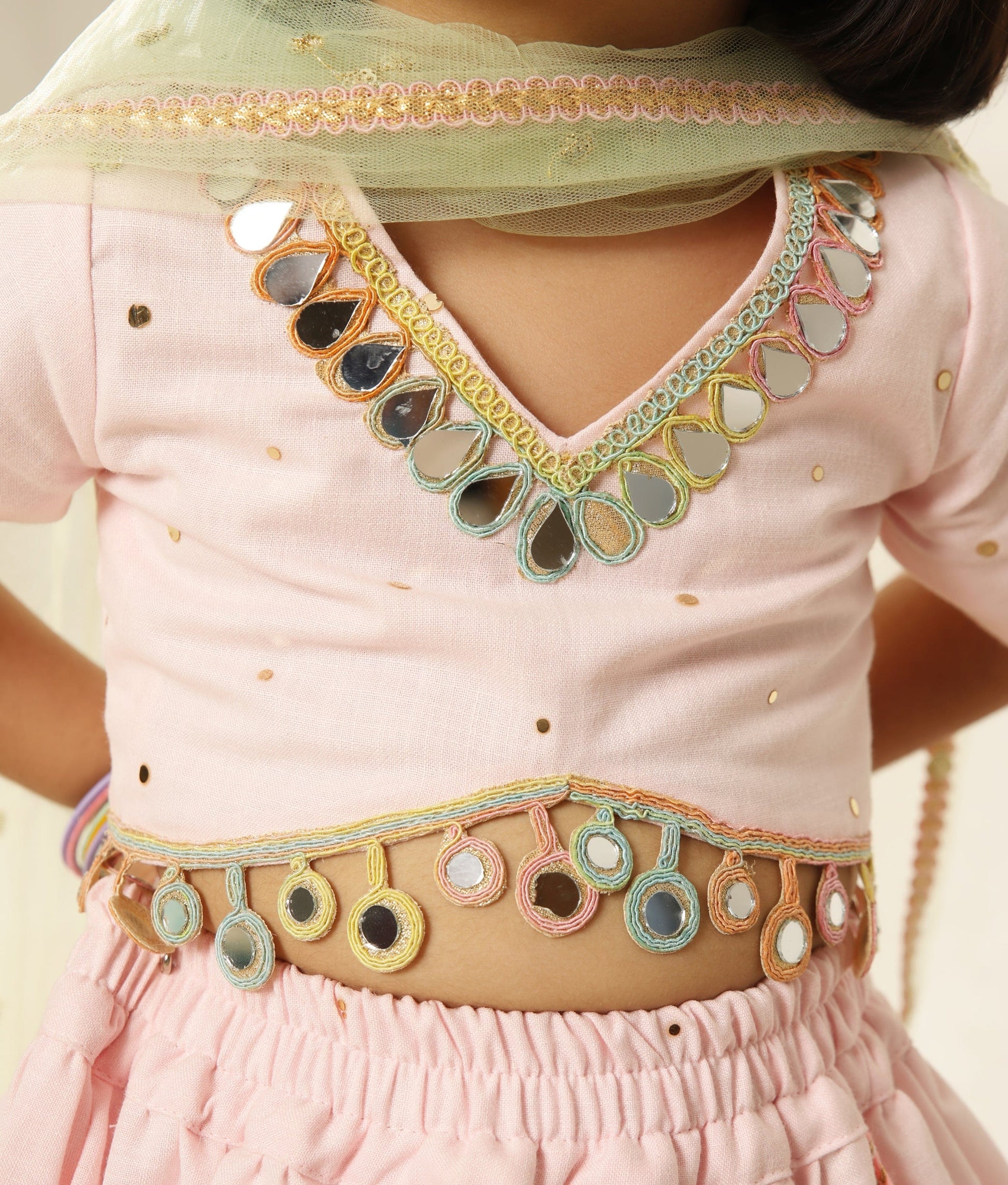 Manufactured by FAYON KIDS (Noida, U.P) Pink Faux Mukaish work Top and Skirt