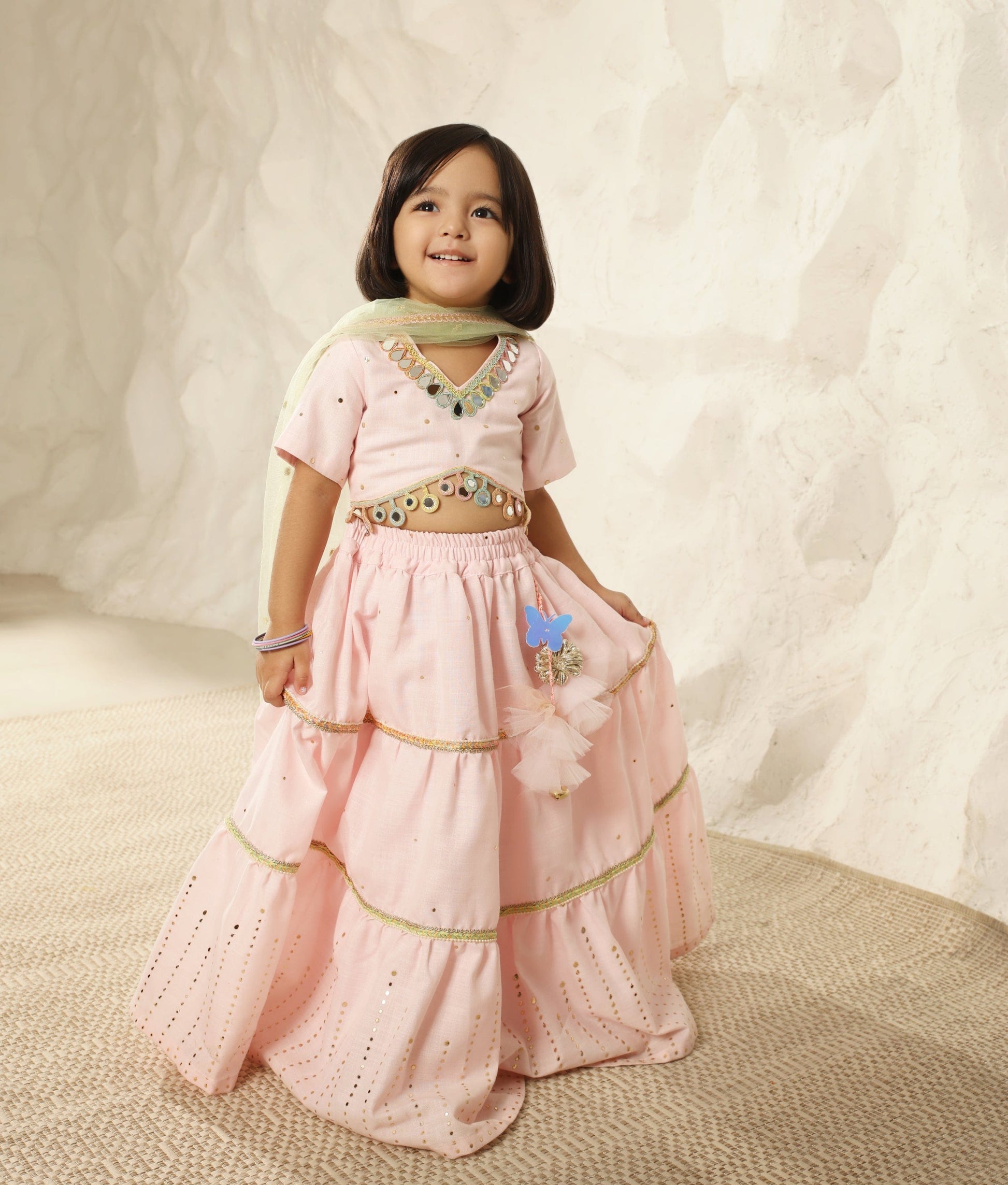 Manufactured by FAYON KIDS (Noida, U.P) Pink Faux Mukaish work Top and Skirt