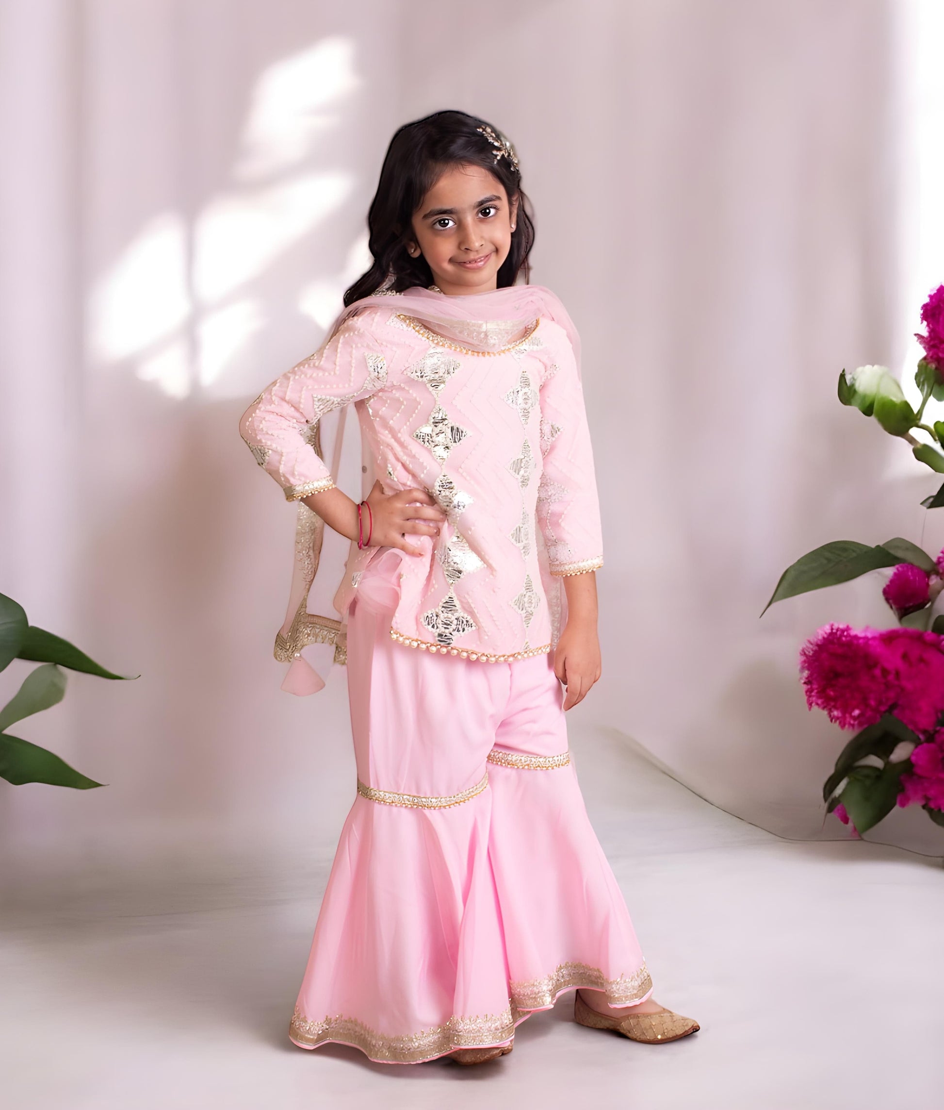Manufactured by FAYON KIDS (Noida, U.P) Pink Gota Embroidered Kurti with Sharara