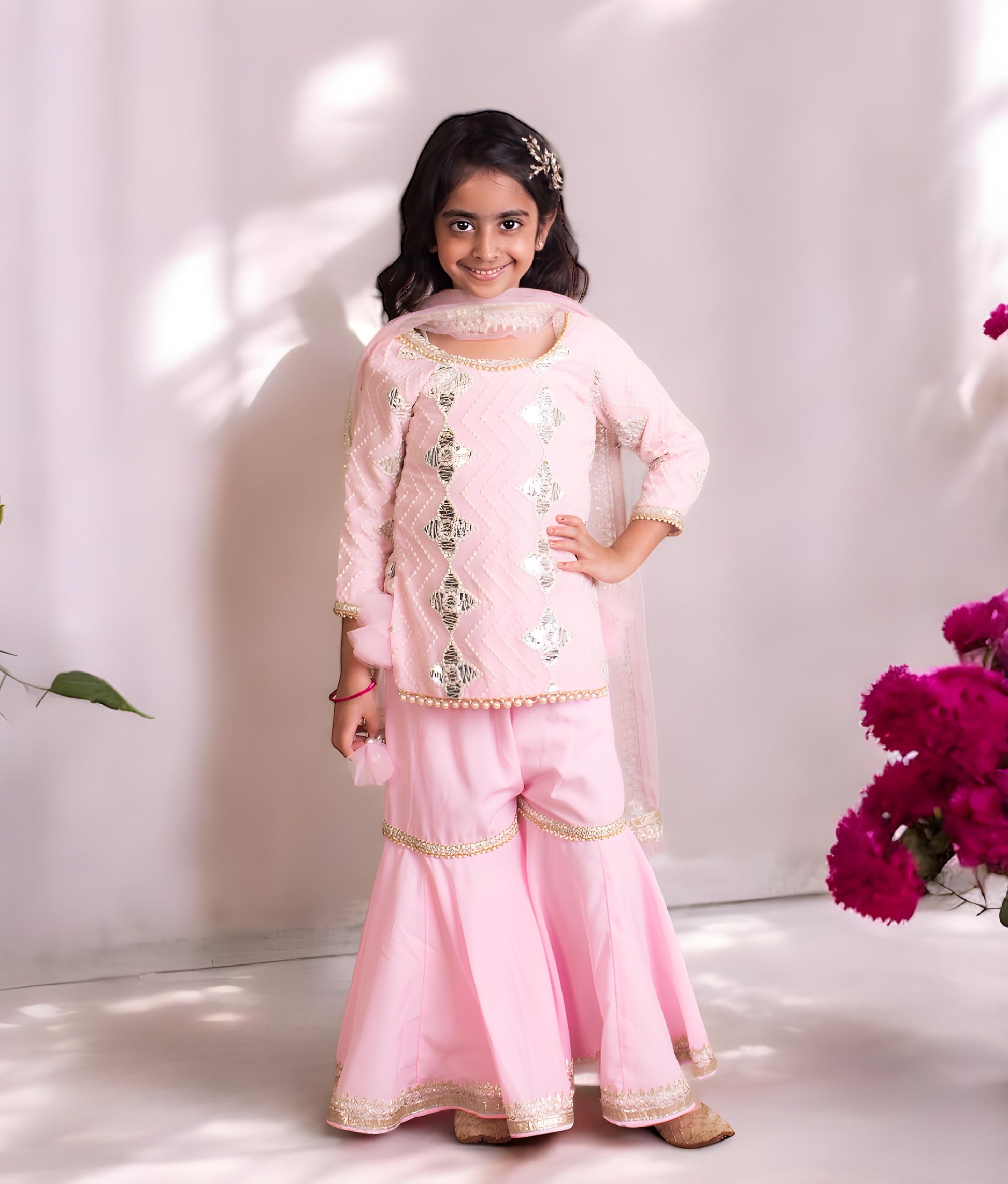 Manufactured by FAYON KIDS (Noida, U.P) Pink Gota Embroidered Kurti with Sharara