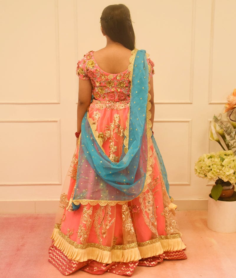 Pink Lehenga Choli and Blue Dupatta for Girls