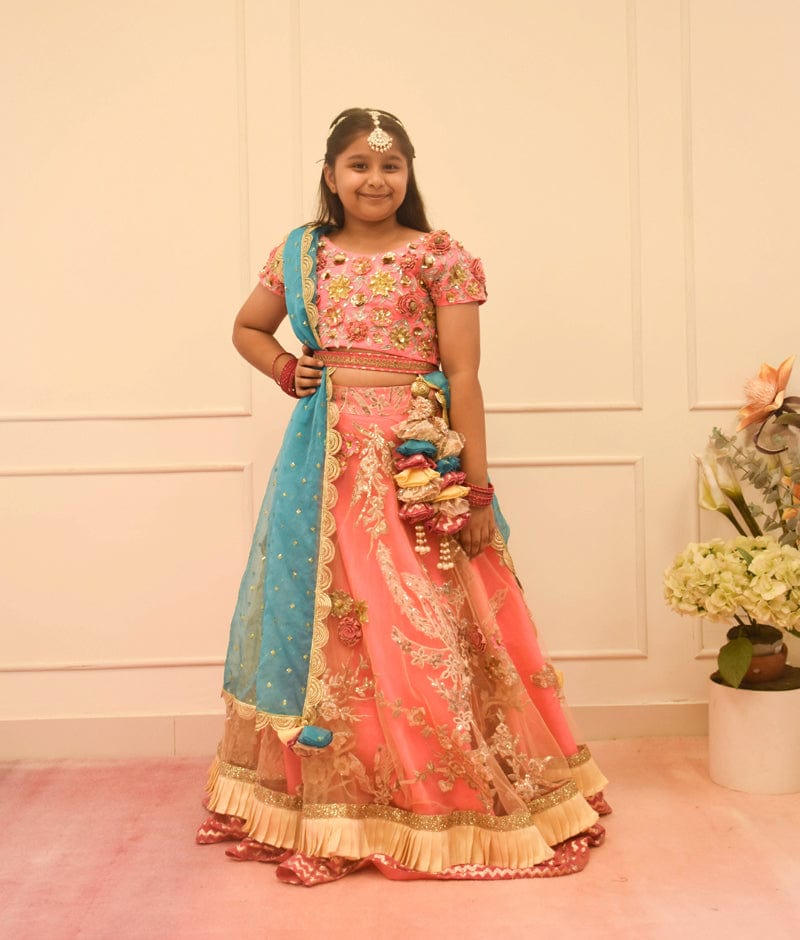 Pink Lehenga Choli and Blue Dupatta for Girls