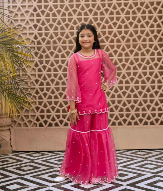 Manufactured by FAYON KIDS (Noida, U.P) Pink Organza Kurti Sharara Set