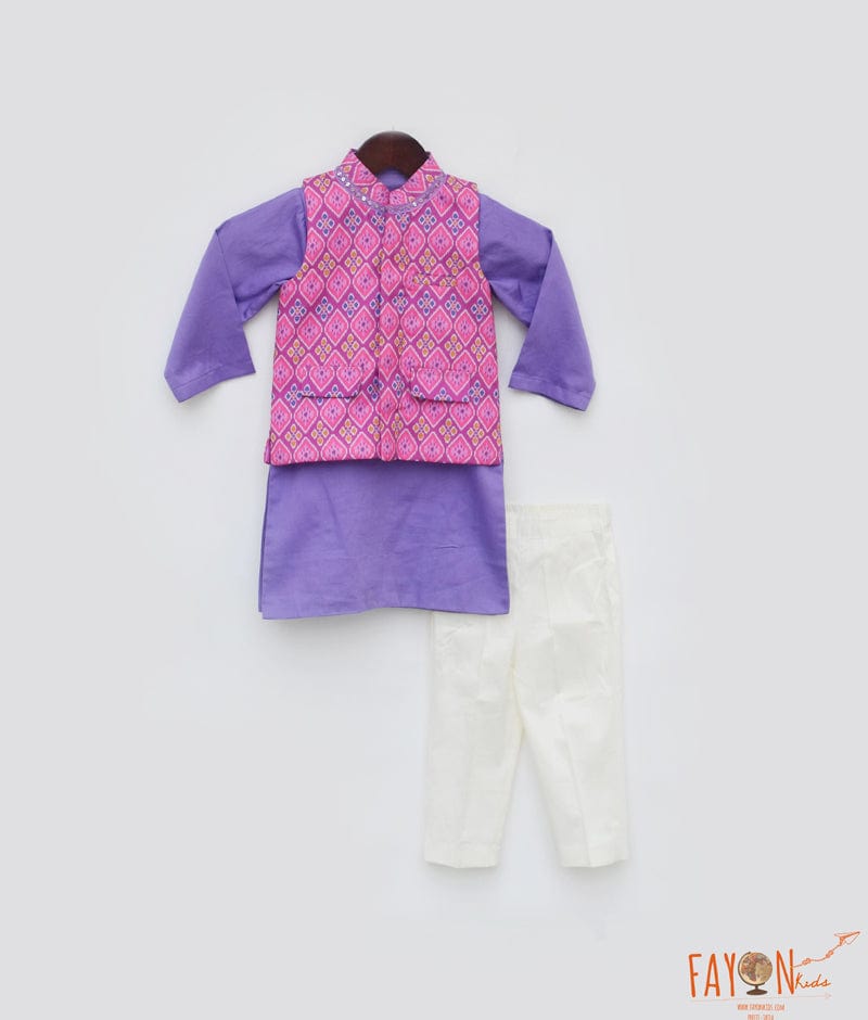 Manufactured by FAYON KIDS (Noida, U.P) Pink Patola Printed Nehru Jacket Set for Boys