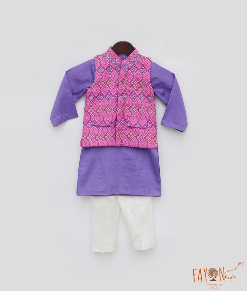 Manufactured by FAYON KIDS (Noida, U.P) Pink Patola Printed Nehru Jacket Set for Boys