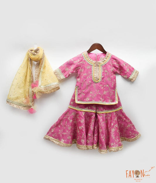 Manufactured by FAYON KIDS (Noida, U.P) Pink Petals: Aari Work Kurti and Sharara Set