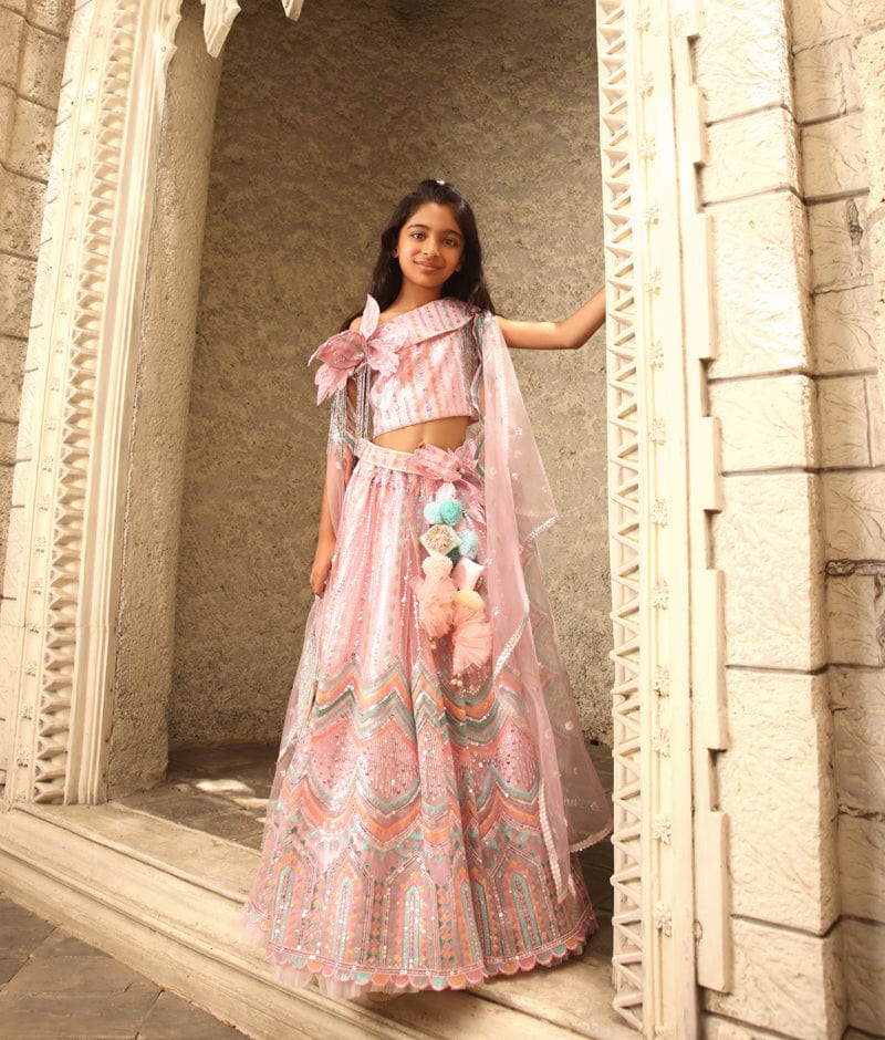 Manufactured by FAYON KIDS (Noida, U.P) Pink Sequence Embroidery Crop Top Skirt for Girls