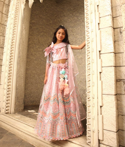 Manufactured by FAYON KIDS (Noida, U.P) Pink Sequence Embroidery Crop Top Skirt for Girls
