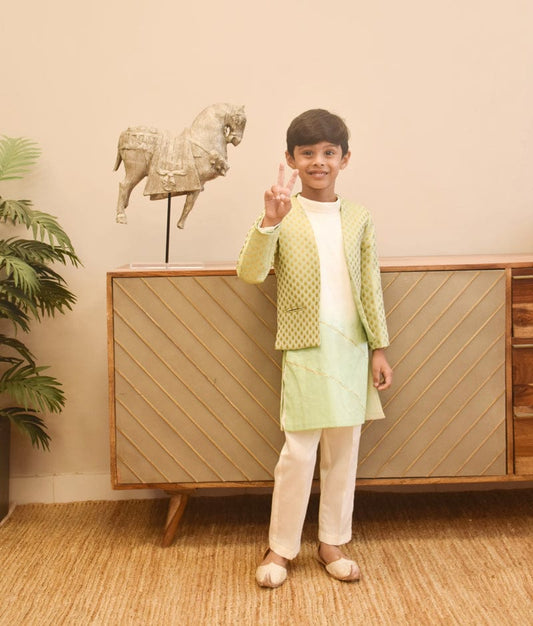 Manufactured by FAYON KIDS (Noida, U.P) Pista Green Brocade Jacket with Kurta and Pant for Boys