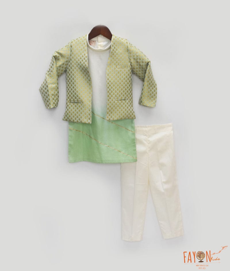 Manufactured by FAYON KIDS (Noida, U.P) Pista Green Brocade Jacket with Kurta and Pant for Boys