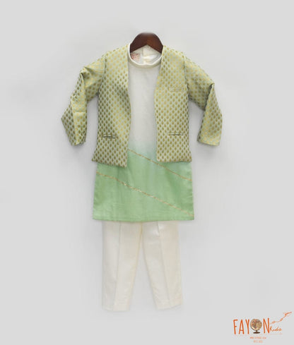 Manufactured by FAYON KIDS (Noida, U.P) Pista Green Brocade Jacket with Kurta and Pant for Boys