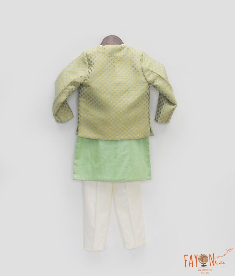 Manufactured by FAYON KIDS (Noida, U.P) Pista Green Brocade Jacket with Kurta and Pant for Boys