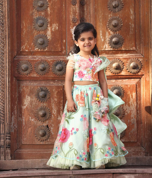 Manufactured by FAYON KIDS (Noida, U.P) Pista Green Embroidered Crop Top Skirt for Girls