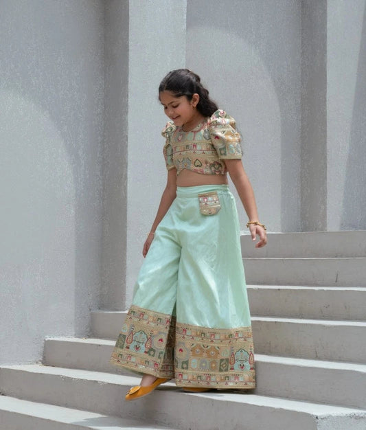 Manufactured by FAYON KIDS (Noida, U.P) Pista Green Embroidered Crop Top with Palazzo