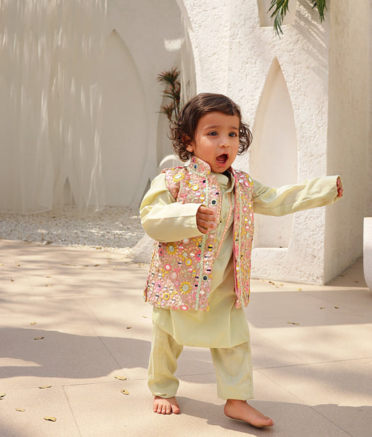 Manufactured by FAYON KIDS (Noida, U.P) Pista Green Embroidered Jacket with Kurta and Pant