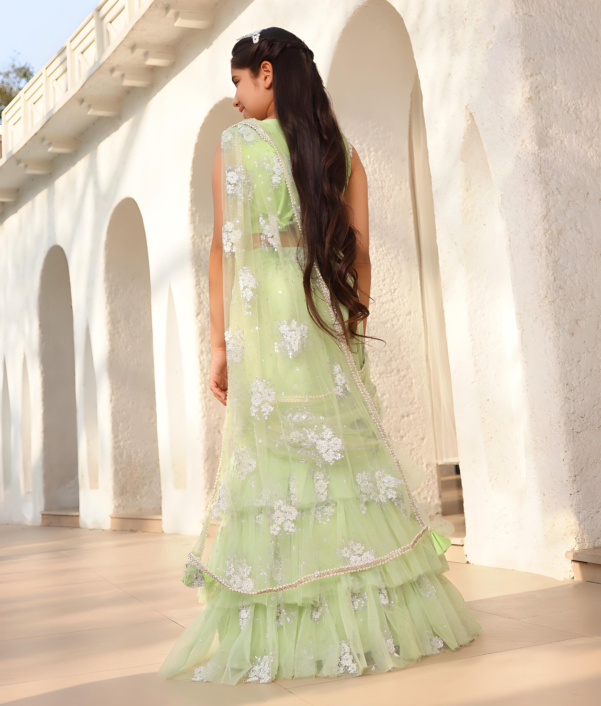 Manufactured by FAYON KIDS (Noida, U.P) Pista Green Embroidered Lehenga Saree