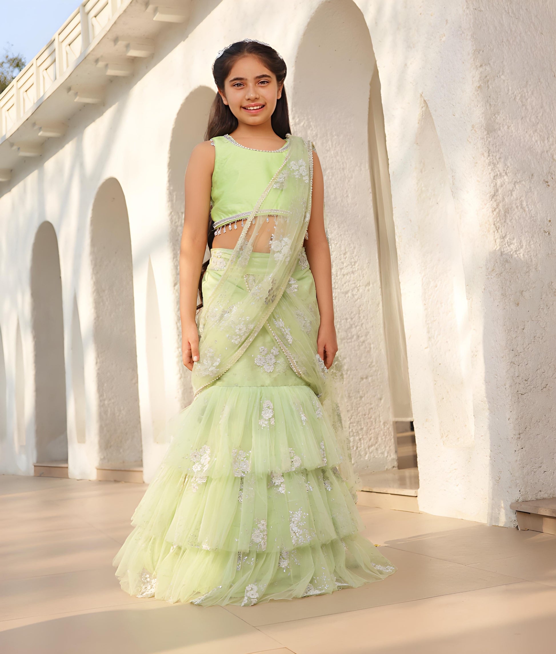 Manufactured by FAYON KIDS (Noida, U.P) Pista Green Embroidered Lehenga Saree