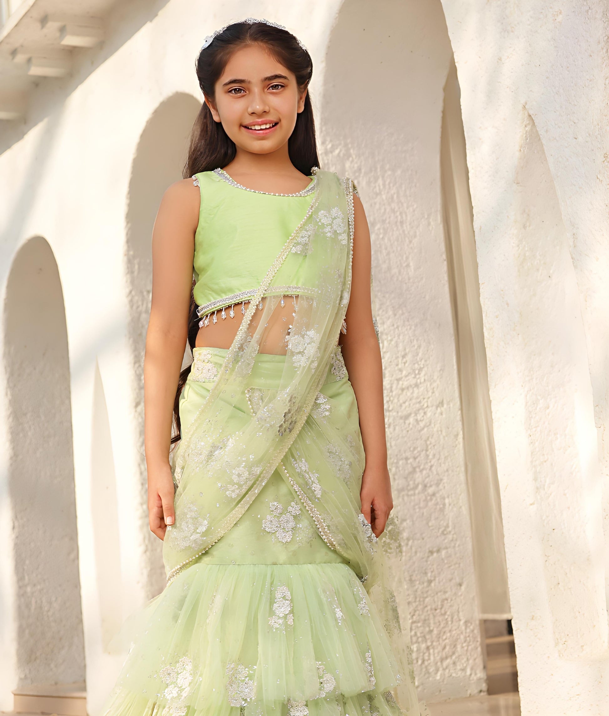 Manufactured by FAYON KIDS (Noida, U.P) Pista Green Embroidered Lehenga Saree