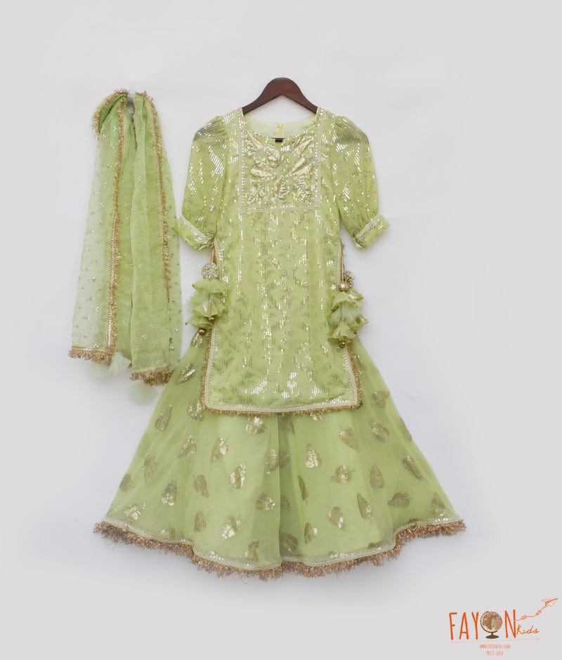 Manufactured by FAYON KIDS (Noida, U.P) Pista Green Embroidery Kurti Sharara for Girls