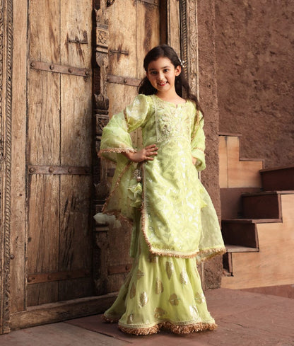 Manufactured by FAYON KIDS (Noida, U.P) Pista Green Embroidery Kurti Sharara for Girls