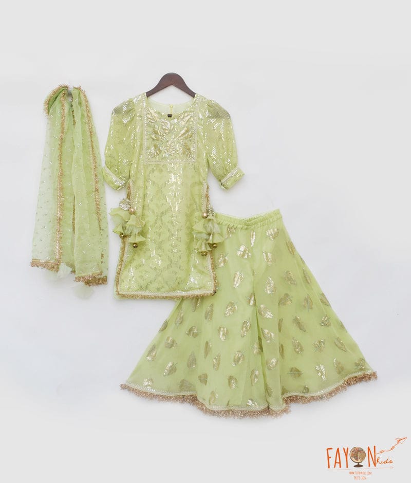 Manufactured by FAYON KIDS (Noida, U.P) Pista Green Embroidery Kurti Sharara for Girls