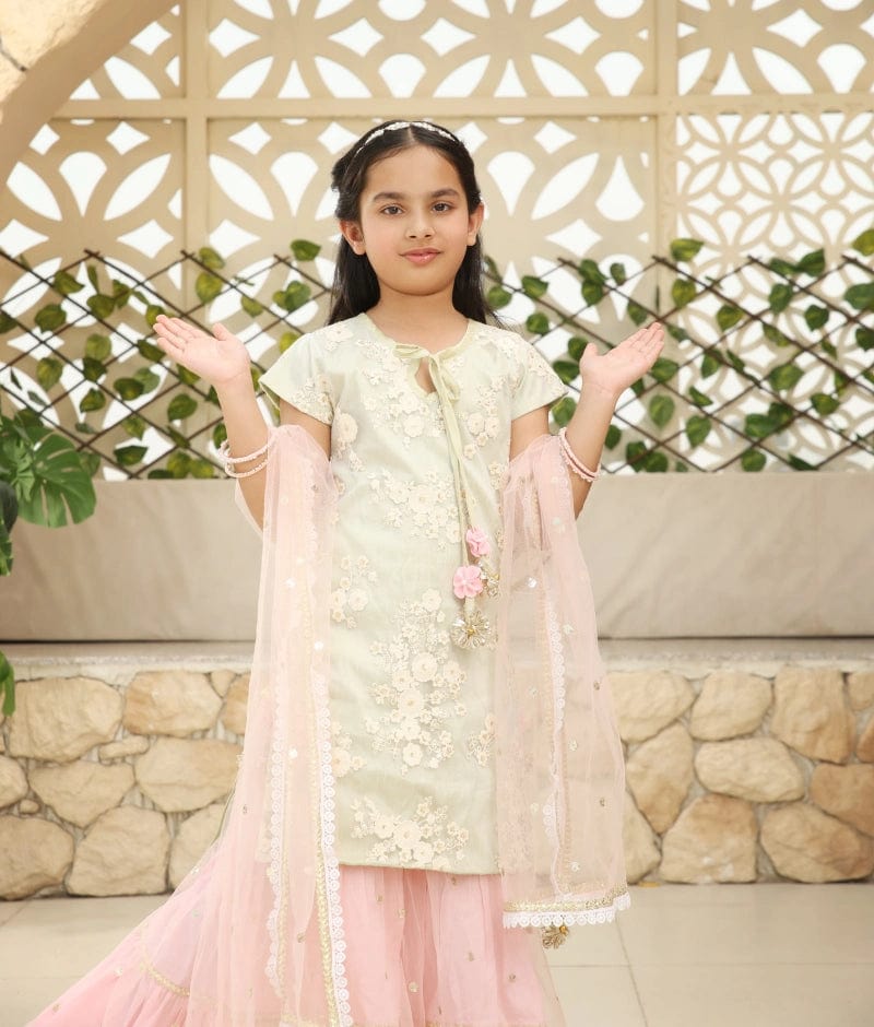 Pista Green Embroidery Pink Boti Net Sharara with Kurti Boti Net Dupatta for Girls
