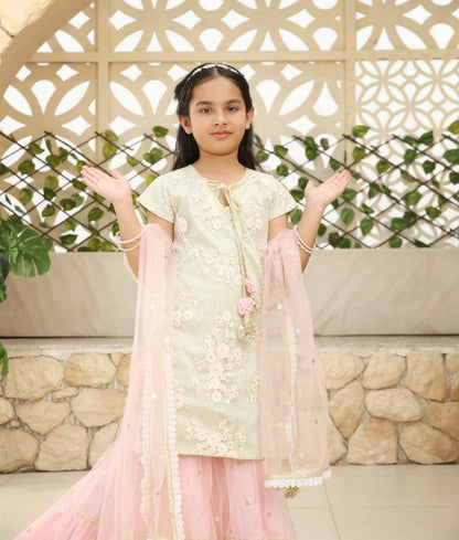Pista Green Embroidery Pink Boti Net Sharara with Kurti Boti Net Dupatta for Girls