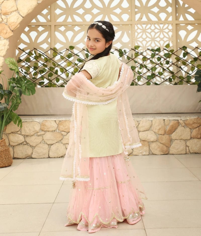 Pista Green Embroidery Pink Boti Net Sharara with Kurti Boti Net Dupatta for Girls