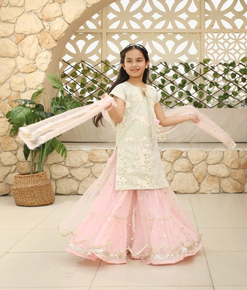 Pista Green Embroidery Pink Boti Net Sharara with Kurti Boti Net Dupatta for Girls