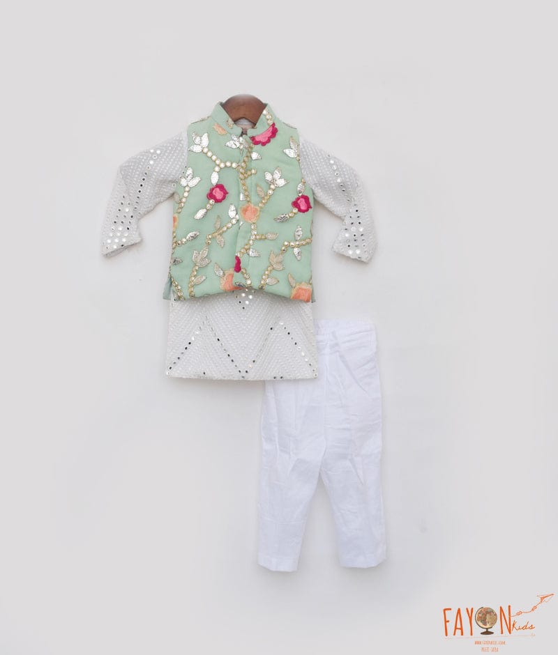 Manufactured by FAYON KIDS (Noida, U.P) Pista Green Gotta Embroidery Jacket And White Mirror Kurta Pant for Boys