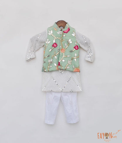 Manufactured by FAYON KIDS (Noida, U.P) Pista Green Gotta Embroidery Jacket And White Mirror Kurta Pant for Boys