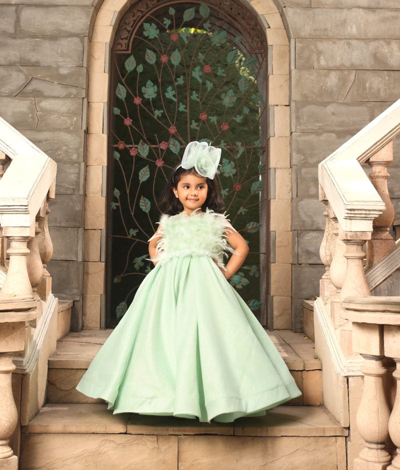 Manufactured by FAYON KIDS (Noida, U.P) Pista Green Gown with Fur on Yoke for Girls