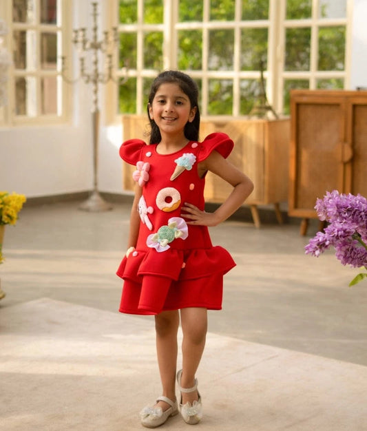Manufactured by FAYON KIDS (Noida, U.P) Playful Red Neoprene Dress with Sweet Summer Motifs