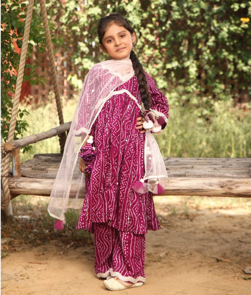 Manufactured by FAYON KIDS (Noida, U.P) Purple Bandhaj Kurti with Pant for Girls