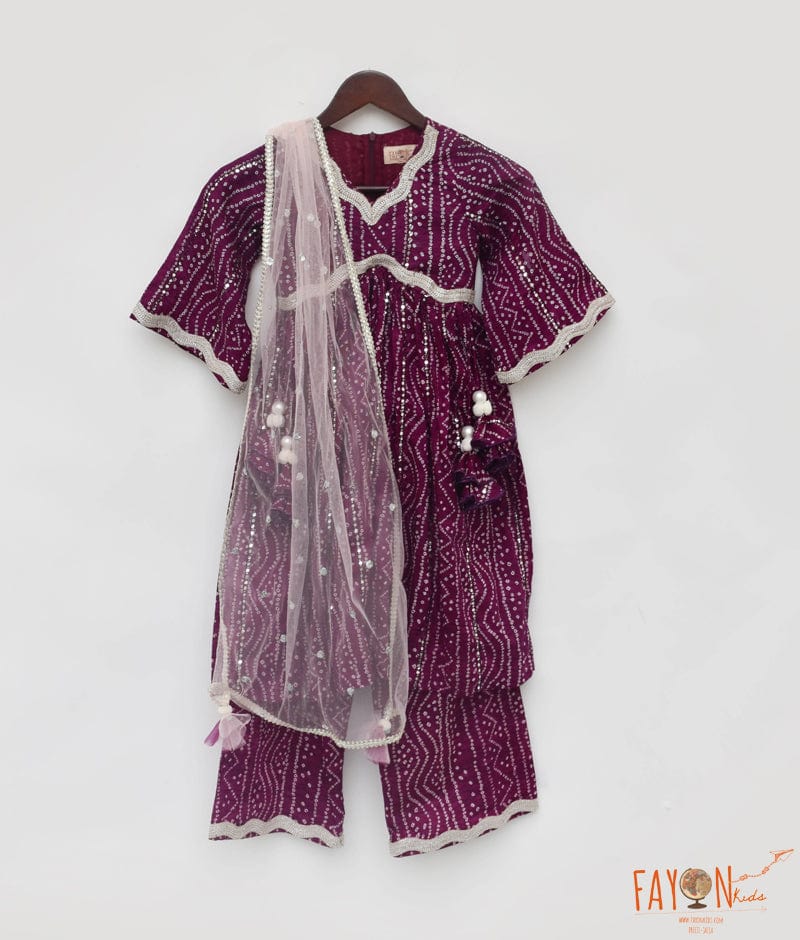 Manufactured by FAYON KIDS (Noida, U.P) Purple Bandhaj Kurti with Pant for Girls